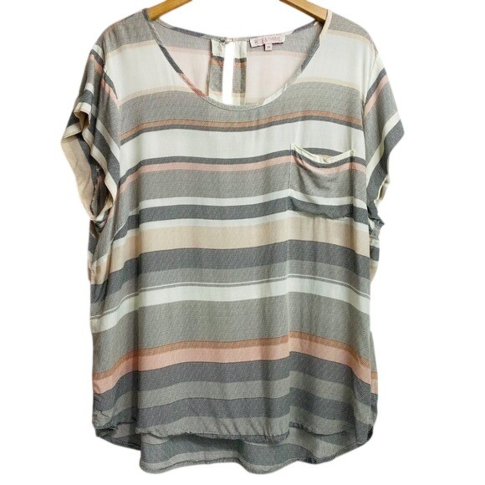 Rose & Thyme Striped Short Sleeve Rayon Blouse Gray Peach 3X RN88820